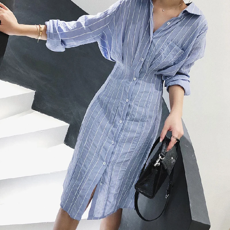 Fashion Striped Midi Dress Women Casual Turn-Down Pockets Slim Shirt Dress Robe Femme Vintage Long Sleeve Simple Dress Vestidos