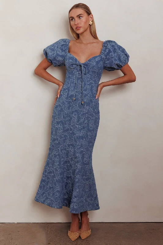 Feeling Electric Puff Sleeves Mermaid Maxi Dress Denim Blue