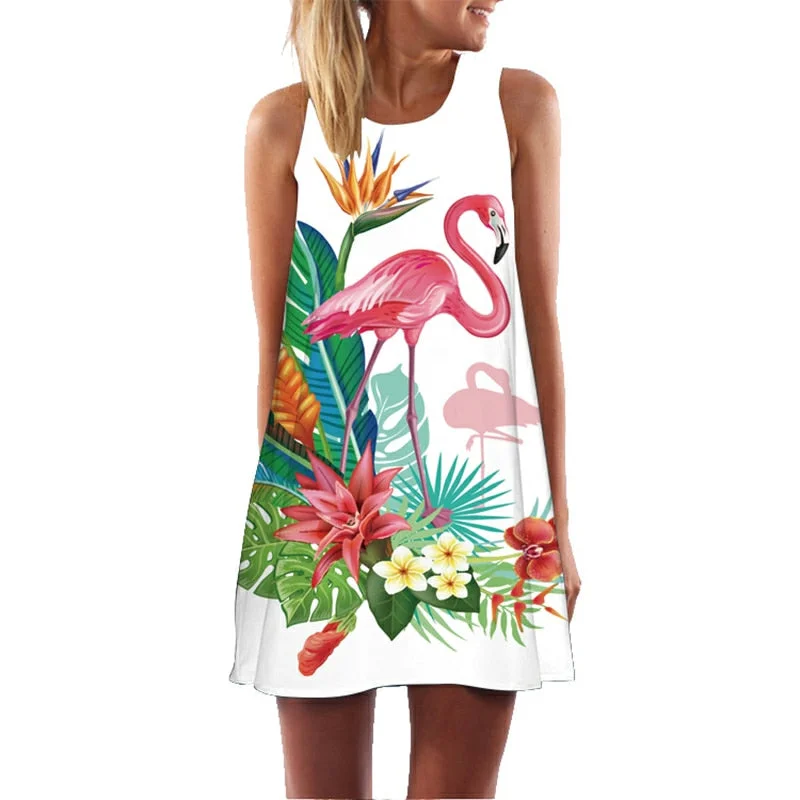 Flamingo Floral Print A-Line Dress Women Sleeveless Beach Boho Summer Dresses Sexy Lady Party Short Shift Dresses Casual Vestido