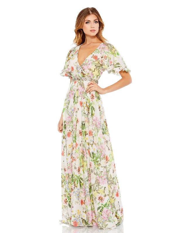 Floral Print Faux Wrap Flutter Sleeve A Line Gown