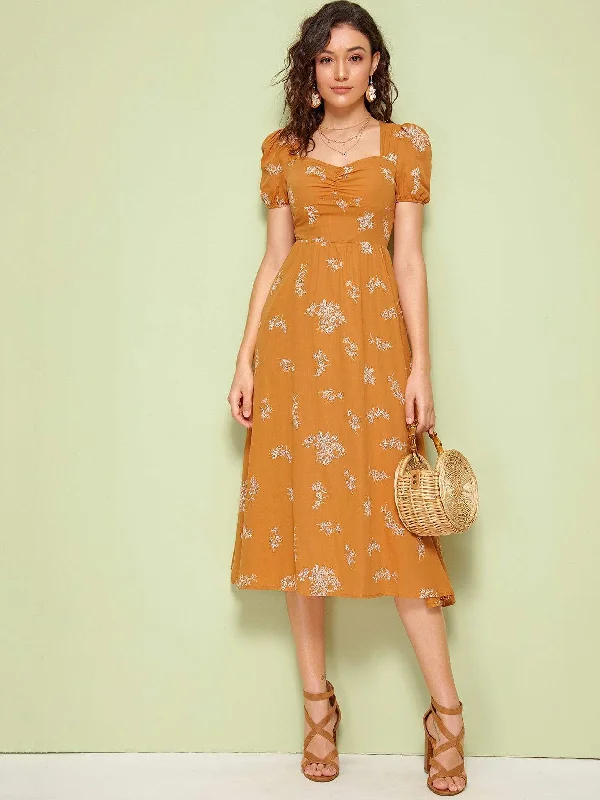 Floral Print Ruched Front Flare Dress