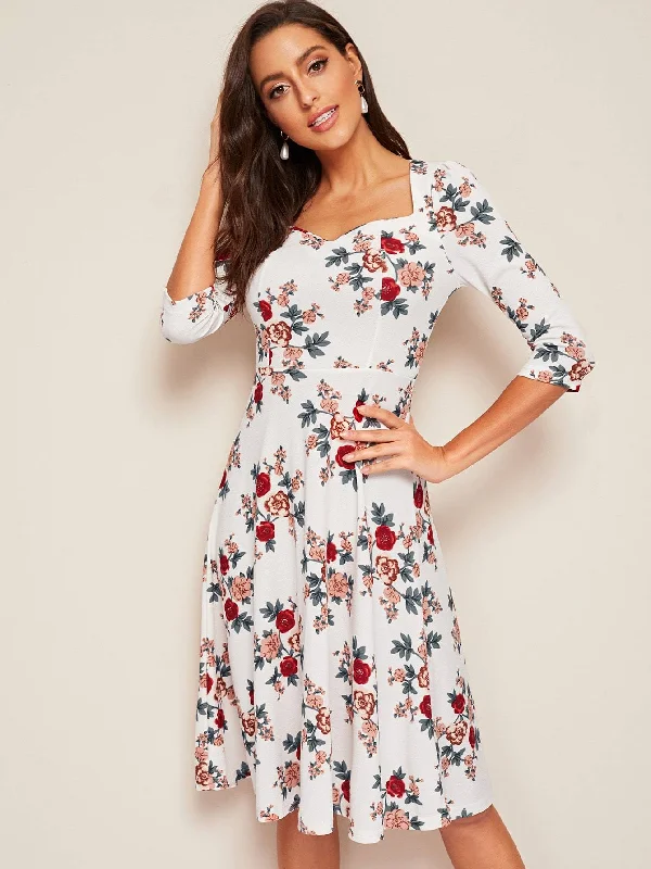 Floral Sweetheart Neck Fit & Flare Dress