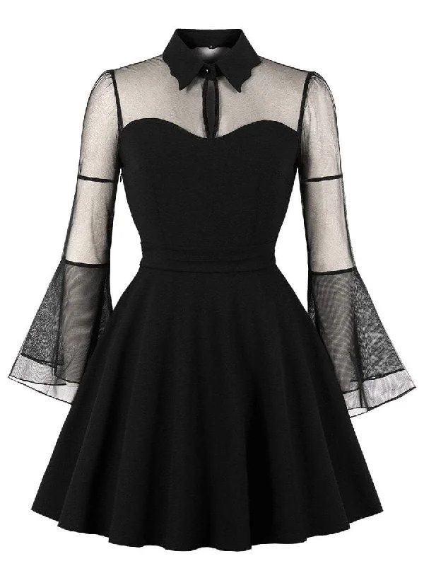 Flounce Sleeve Mesh Yoke Flare Dress