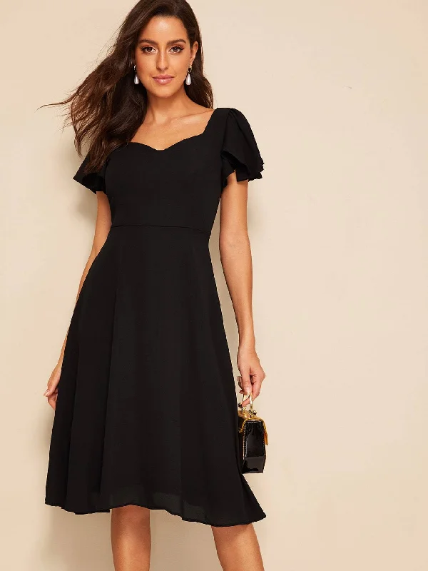 Flutter Sleeve Sweetheart Neck Fit &  Flare Dress