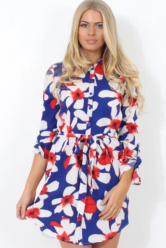 Fraul Blue And White Floral Print Shirt Dress