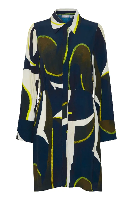 Fransa Lena Abstract Print Knee Length Shirt Dress, Navy & Yellow