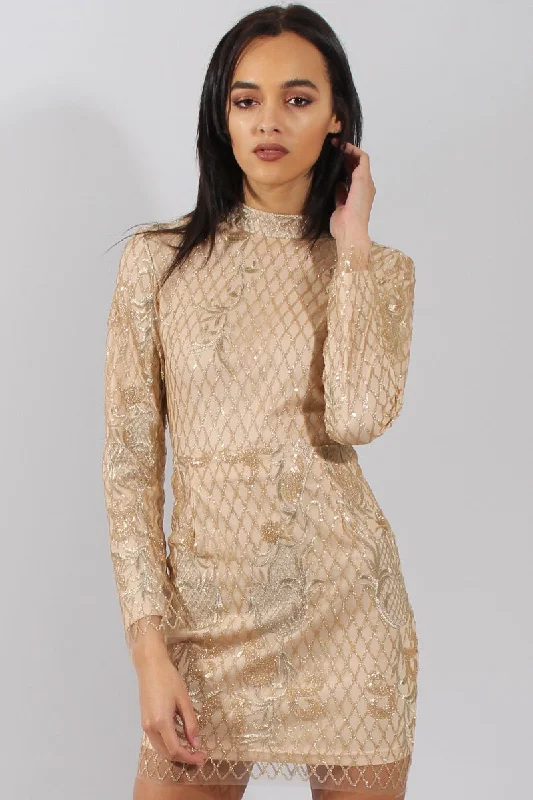 Gold High Neck Sequin Embellished Bodycon Dress - Laila