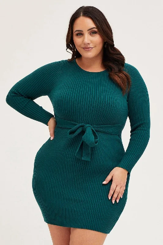 Green Bodycon Dress Long Sleeve Knit Waist Tie