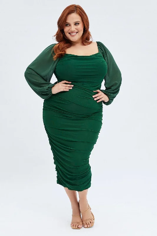 Green Bodycon Dress Mesh Balloon Sleeve Ruched Midi