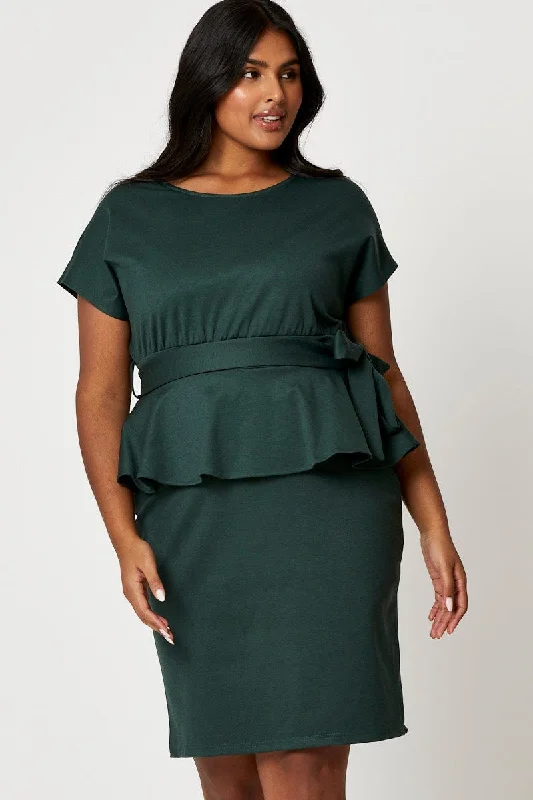 Green Bodycon Dress Short Sleeve Jersey Waist Tie