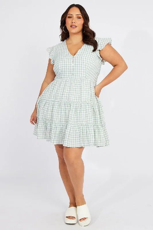 Green Check Fit And Flare Dress Short Sleeve