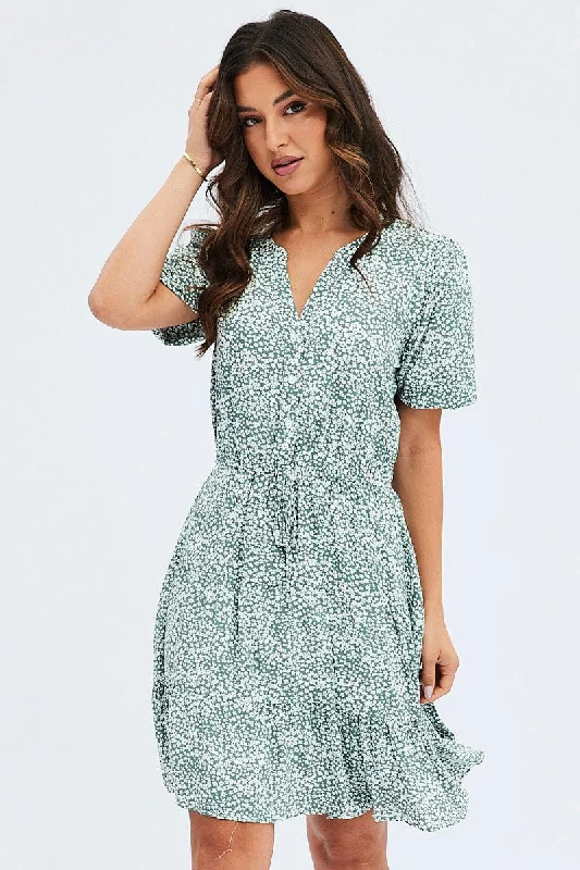 Green Ditsy Shirt Dress Short Sleeve Tiered