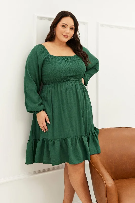 Green Fit And Flare Dress Long Sleeve Shirred