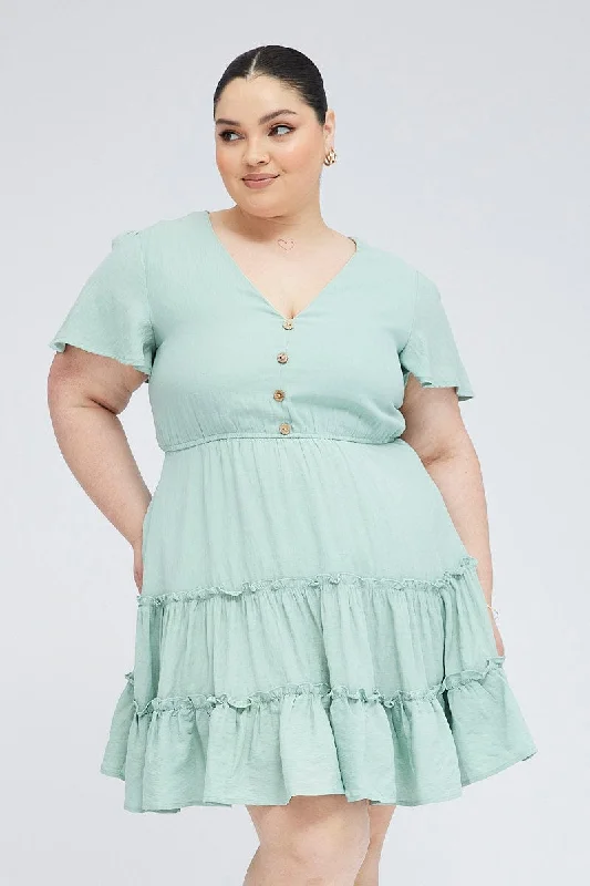 Green Fit And Flare Dress Short Sleeve V-neck