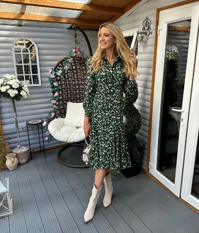 Green Godet Hem Shirt Dress