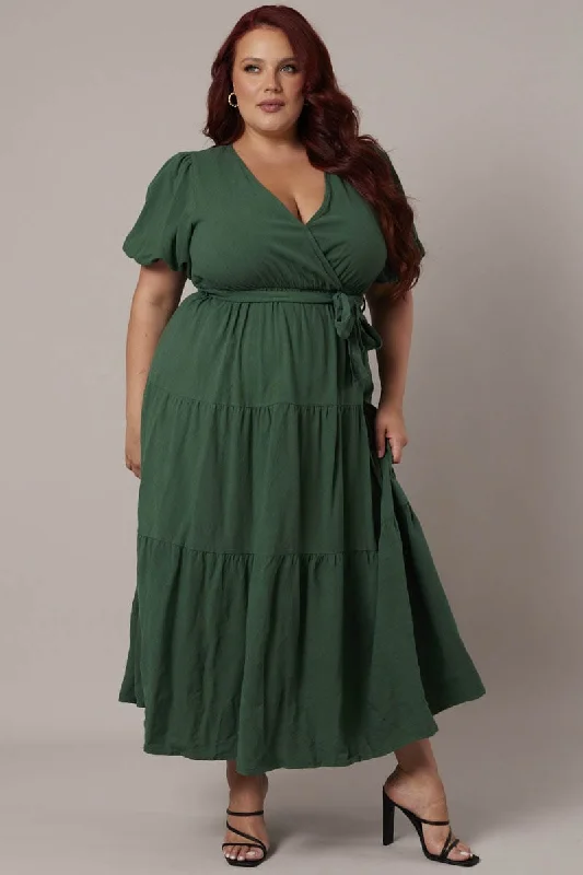 Green Puff Sleeve Faux Wrap Linen Blend Dress