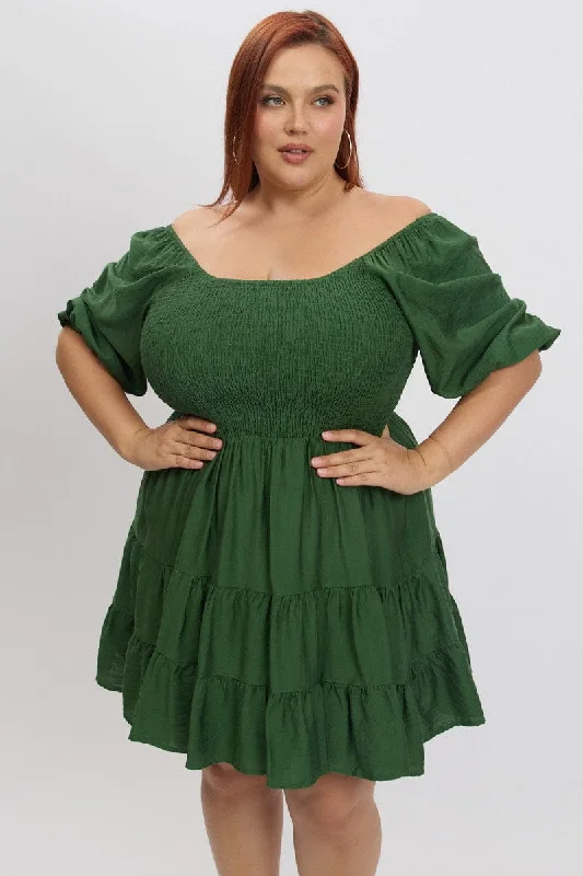 Green Shirred Bodice Puff Sleeve Tiered Mini Dress