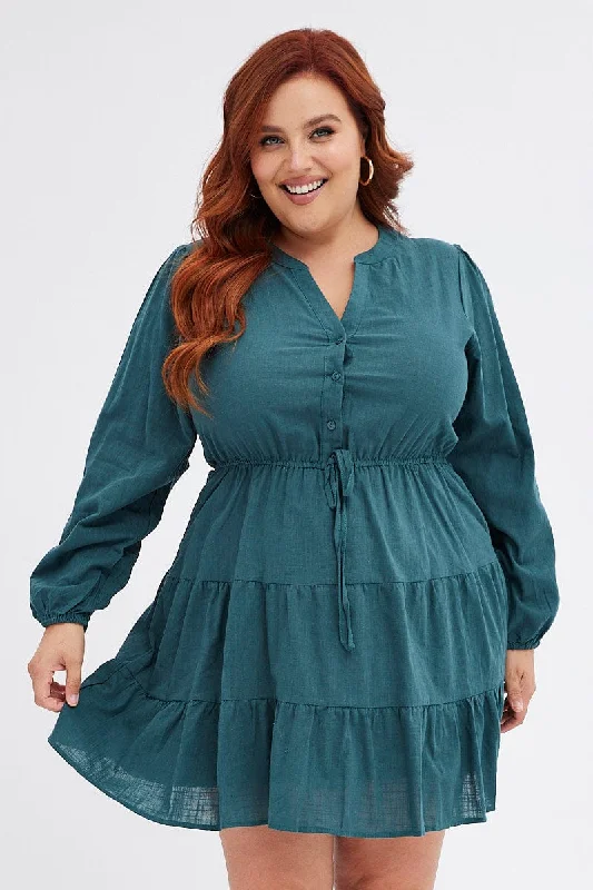 Green Shirt Dress Long Sleeve V-neck Tiered