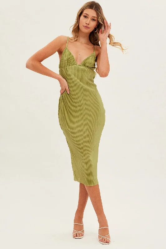 Green Slip Dress Midi Plisse Satin