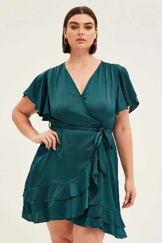 Green Wrap Dress Short Sleeve V-neck Satin