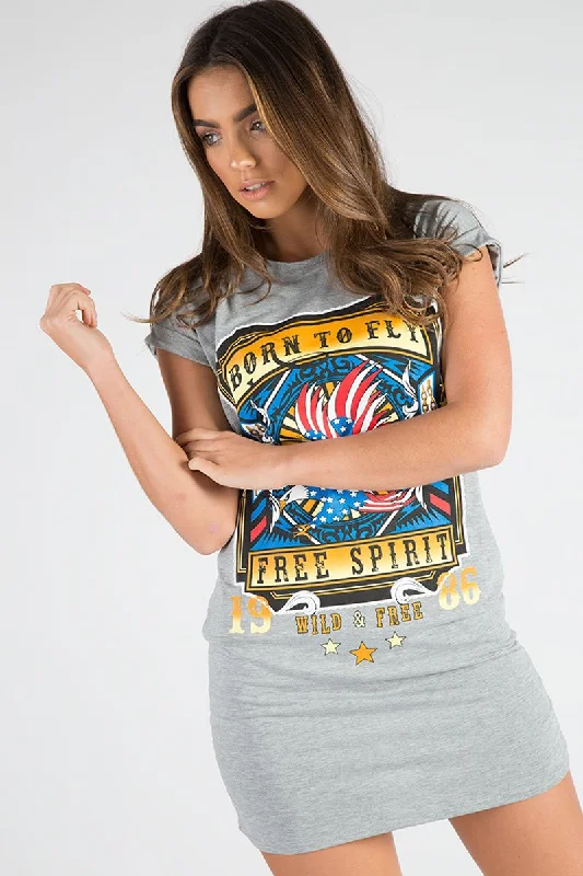 Grey Born To Fly Slogan T-Shirt Dress - Isabella