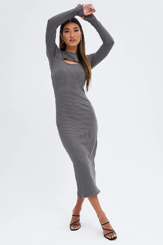 Grey Midi Dress Long Sleeve Mock Neck Cut Out Bodycon