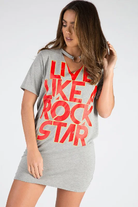 Grey Ring Choker Rockstar Slogan T Shirt Dress - Liana