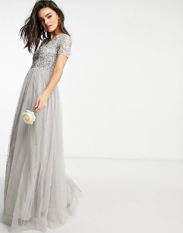 Grey V-Neck Short Sleeve Sequin Maxi Dress