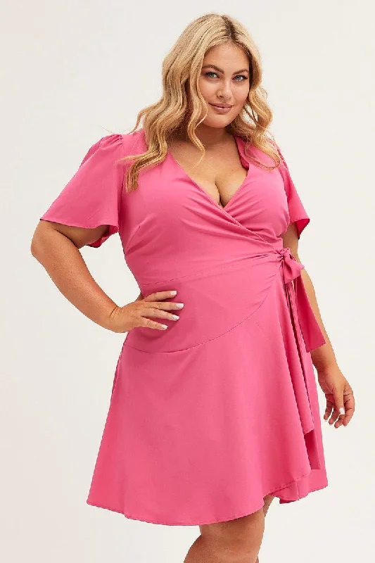 H Pink Wrap Dress Short Sleeve Mini