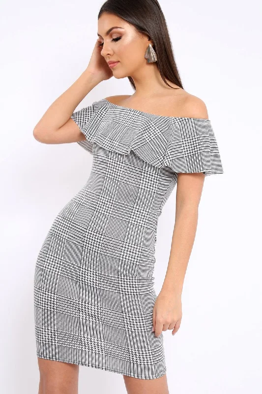 Houndstooth Bardot Ruffle Bodycon Dress - Adrina