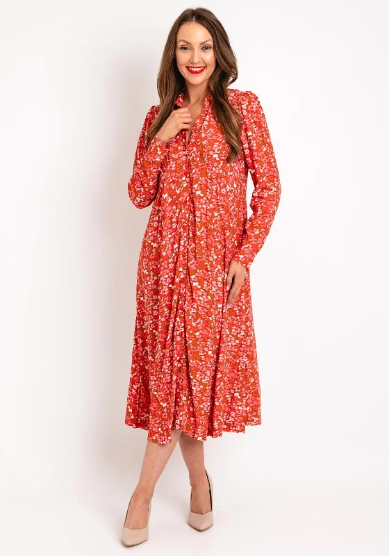 Ichi Petal Print A-line Midi Shirt Dress, Orange