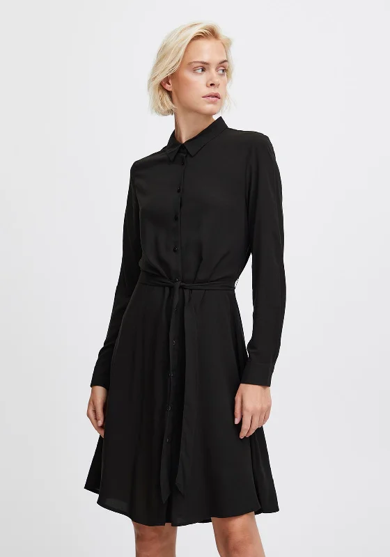 Ichi Main Belted Waist Mini Shirt Dress, Black