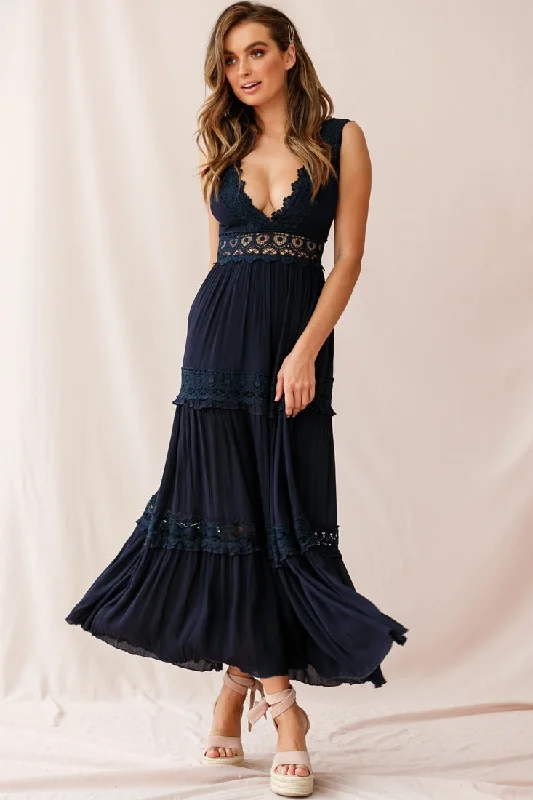 Indio Crochet Insert Deep V-Neckline Maxi Dress Navy