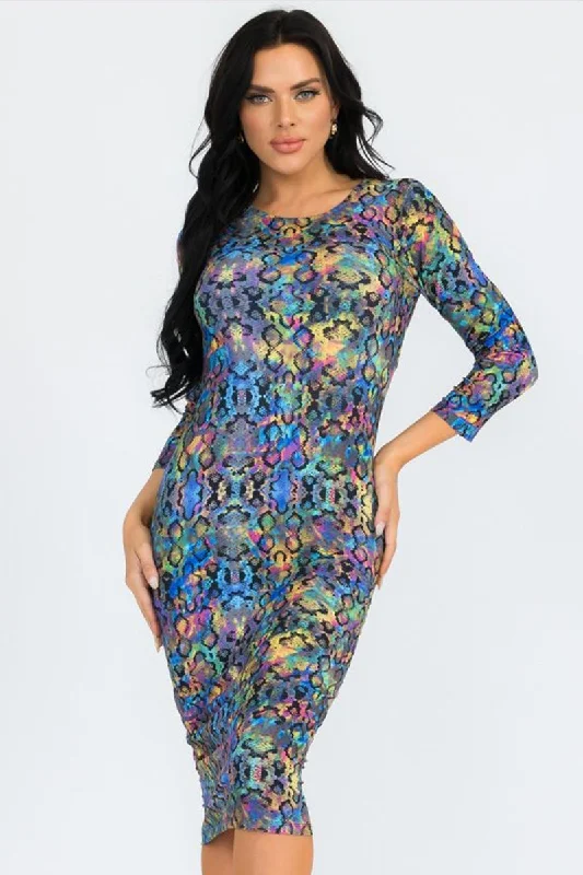 Iridescent Snakeskin Bodycon Midi Dress