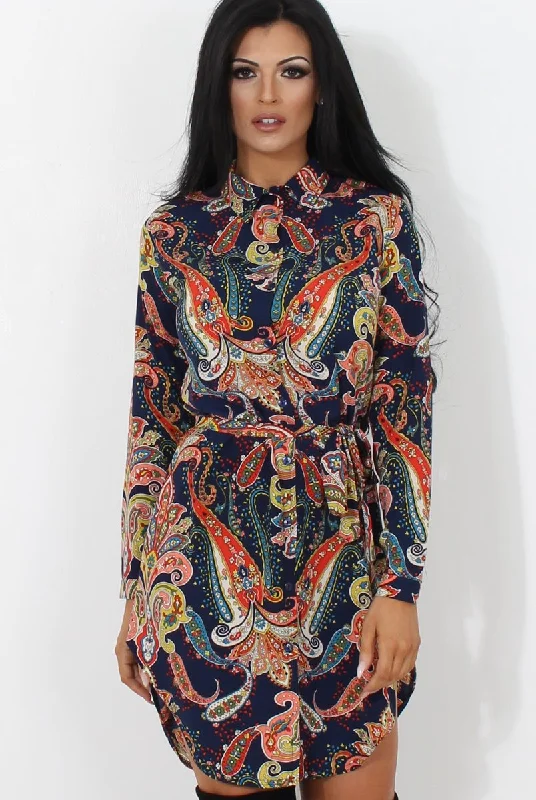 Jennifer Navy Paisley Print Shirt Dress