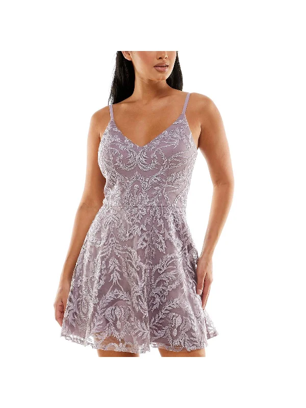 Juniors Womens Embroidered Shimmer Party Dress