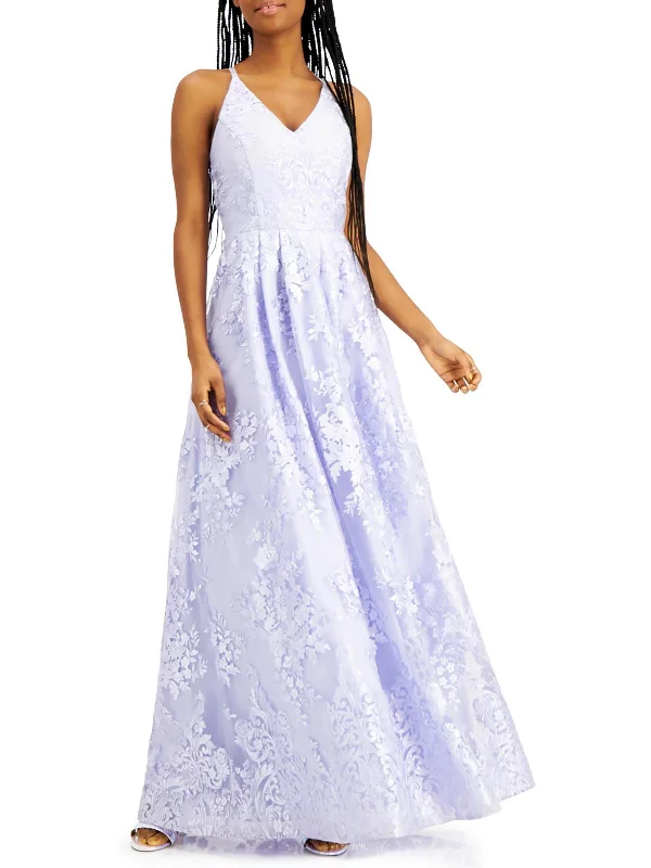 Juniors Womens Floral Embroidered Maxi Evening Dress