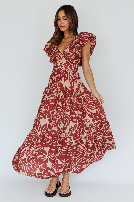 Kahlo Puffed Ruffle Neckline Maxi Dress Print Flame