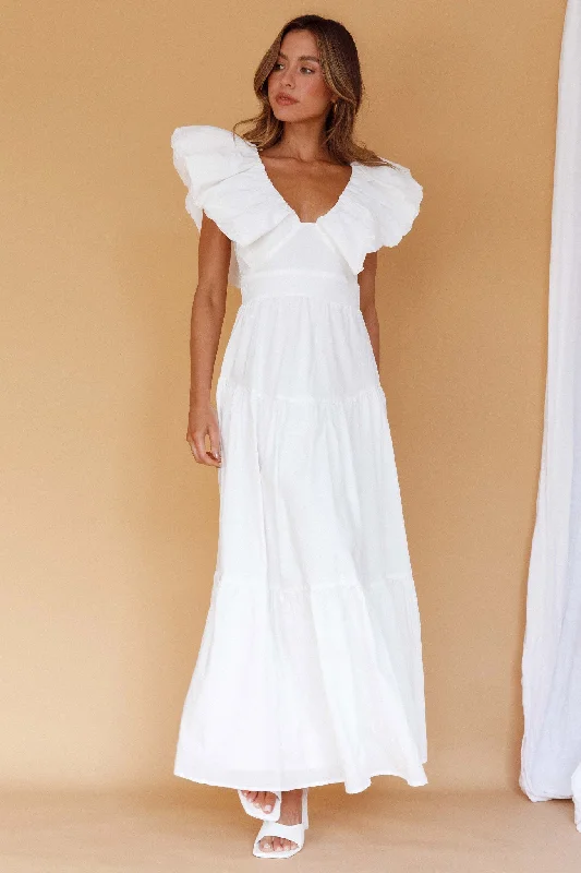 Kahlo Puffed Ruffle Neckline Maxi Dress White