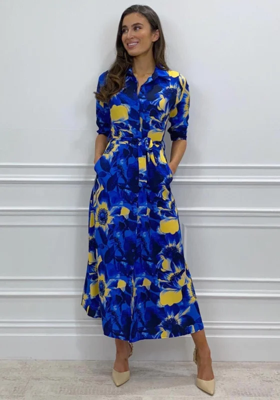 Kate & Pippa Luca Tropical Flower Maxi Shirt Dress, Royal Blue Multi