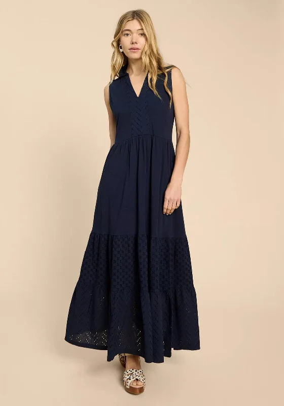 White Stuff Kiera Broderie Jersey Maxi Shirt Dress, Dark Navy