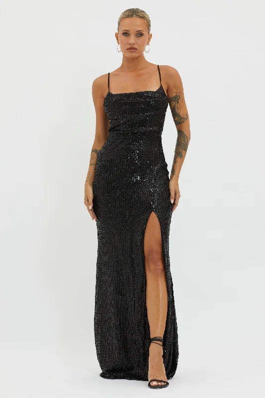 Kerene Spit Sequin Maxi Dress Black