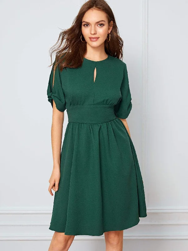 Keyhole Front High Waist Split Sleeve Flare Dress