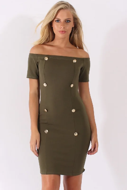 Khaki Bardot Bodycon Button Detail Dress - Wallis