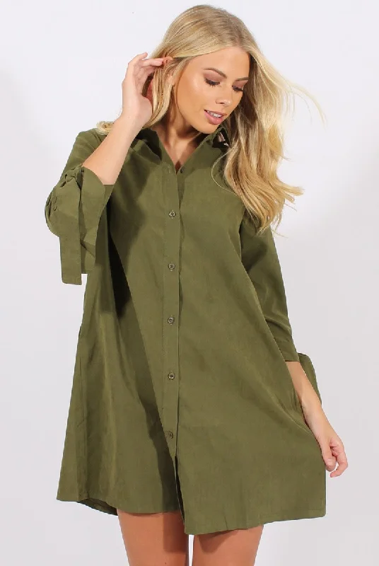 Khaki Suede Tie Cuff Oversized Shirt Dress - Deborah