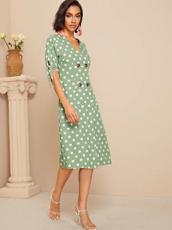 Knot Cuff Polka Dot Shirt Dress