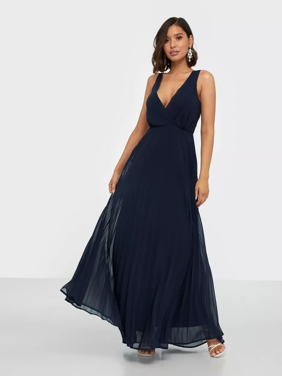 Lace Straps Navy Pleated Maxi Dress