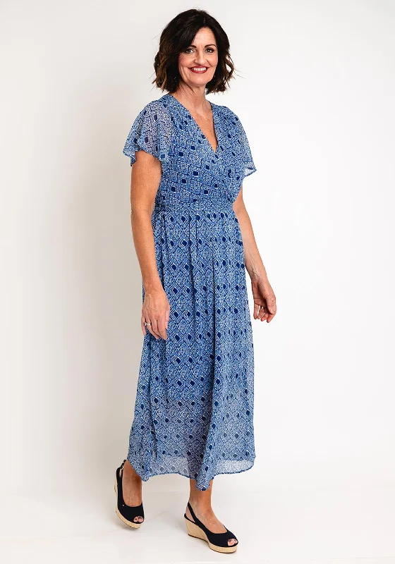 Serafina Collection Vintage Print Wrap Long Dress, Blue