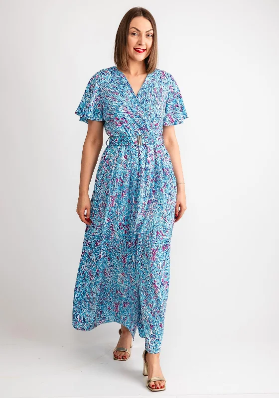 Serafina Collection Printed Belted Long Wrap Dress, Blue