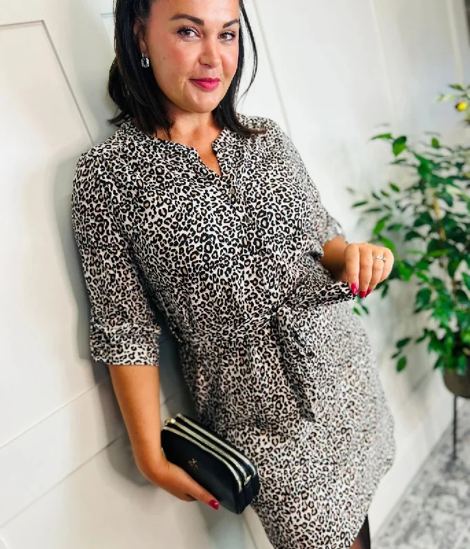 Leopard Print Belted Shirt Dress